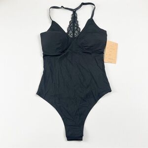True & Co Racerback Bodysuit Black Womens Size Small Thong Lace Detail NWT NEW
